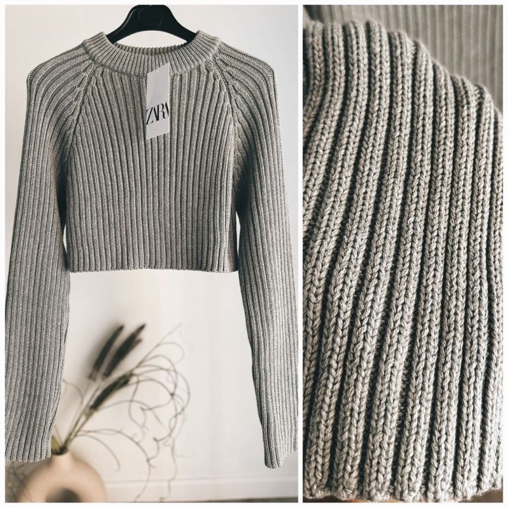 Zara Cropped Ribbed Grey Sweater Small NWT